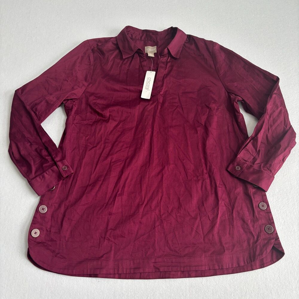 Chico's Collared Tunic Shirt Women's 2 US L Burgundy Wine Office Career NWT